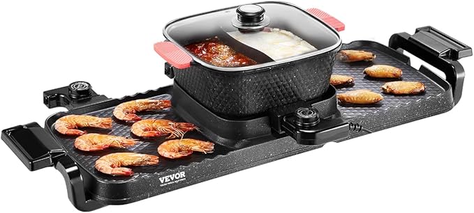 VEVOR Hot Pot with Grill, 2300W 2-in-1 Electric Smokeless Grill and Hot Pot, Removable Shabu-shabu Hotpot with Non-stick Pan, Separate Dual Temperature Control, Indoor Korean BBQ for 1-6 People