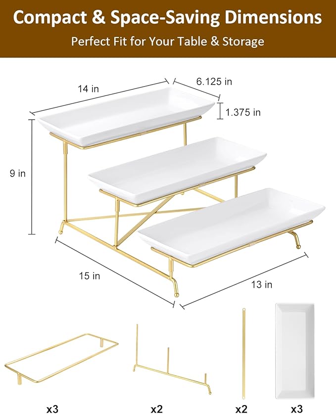Yedio 3 Tier Serving Tray Set 14 Inch Porcelain Tiered Serving Platters, Collapsible Sturdier Stand with Stable Cross Bars, Three Layer Serving for Party Entertaining Food Display Fruit Dessert