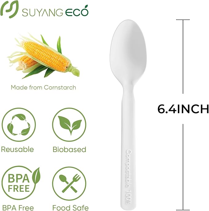 Compostable Spoons 100 Count Heavy Duty 100% No Plastic Spoons Bulk Cornstarch Biodegradable Spoon Eco Friendly Compostable Utensils for Party Campin