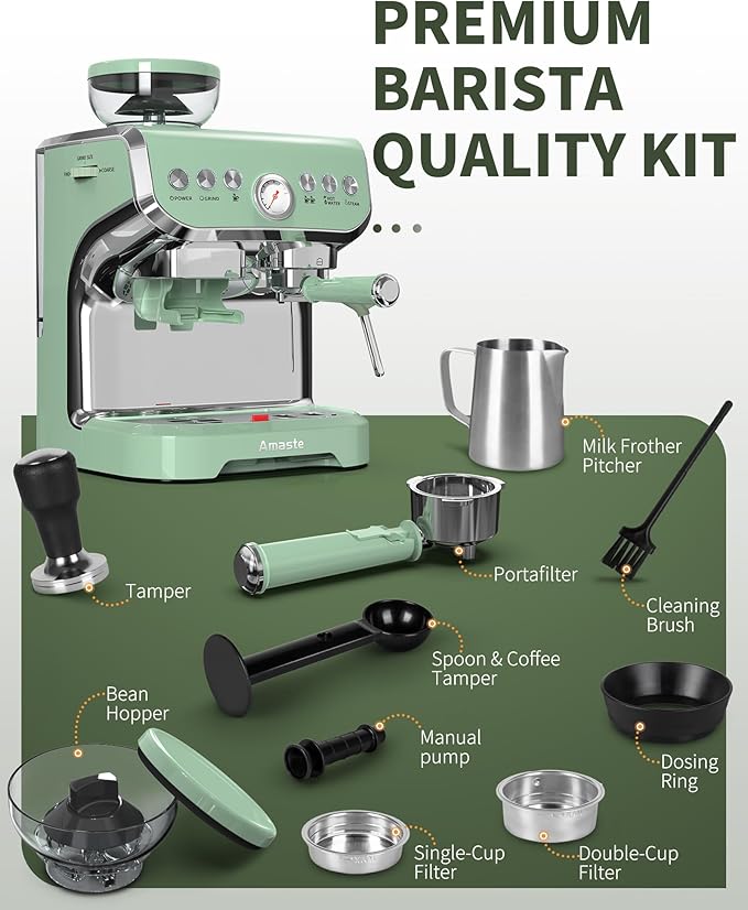 Amaste Espresso Machine with Grinder, 15 Bar Espresso Machine with Steam Wand for Latte and Cappuccino, 68Oz Water Tank, Pre-Infuse Brewing, Espresso Coffee Maker for Home Use, Barista Kit, Green