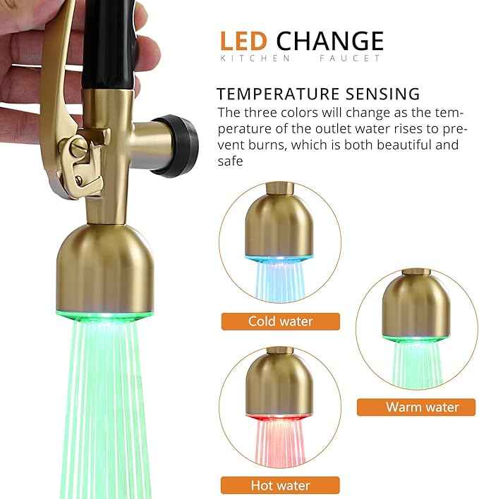 Fapully Single Handle High Arc Brushed Gold Pull Down Kitchen Faucet LED,Single Level Kitchen Sink Faucets with Pull Down Sprayer