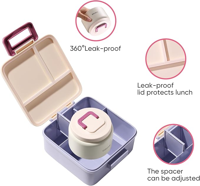 CAROTE Bento Box for Kids, Lunch Box Kids with 8oz Thermos for Hot Food, Lunch Container for Girls Boys, 3 or 5 Compartments with 2 Removable Dividers, BPA Free/Leak Proof/Dishwasher Safe