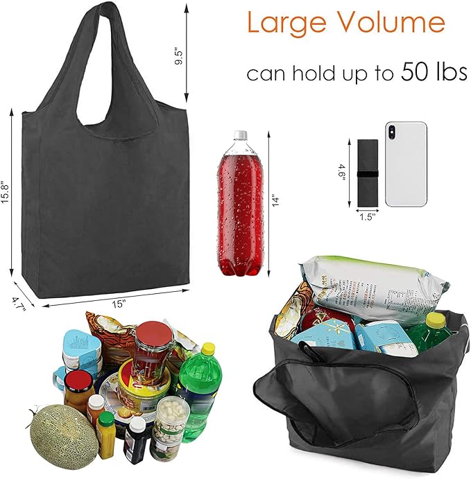 BeeGreen 10 Pack Black Reusable Grocery Bags with Storage Pouch Reusable Shopping Bags Bulk with Elastic Band 50LBS X-Large-Foldable-Washable-Heavy Duty-Waterproof Grocery Tote Bags