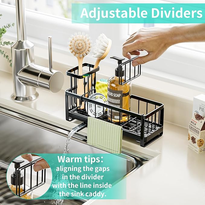 HapiRm Sponge Holder for Kitchen Sink - Self-draining Sink Caddy with Brush and Dishcloth Holders, Stainless Steel Kitchen Organizer for Countertop - Black