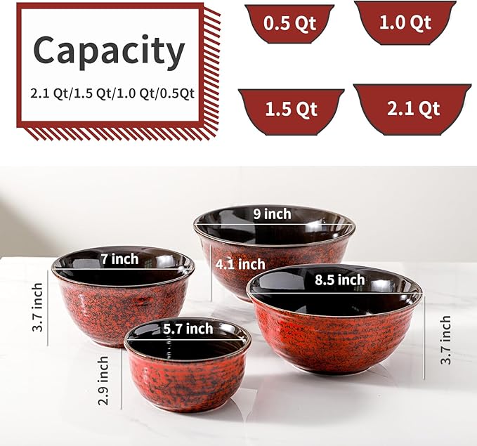 Hasense Mixing Bowls, 2.1/1.5/1.0/0.5 Qt, Nesting Bowls for Cooking, Baking, Ceramic Serving Dishes Set of 4 for Salad, Fruits, Popcorn, Thanksgiving Christmas Gift, Dishwasher & Microwave Safe, Red