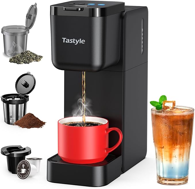 Tastyle Single Serve Coffee Maker for K Cup, Ground and Tea Leaves, Hot and Iced Coffee Machines with Bold Setting, 6 to 16 Oz Brew Sizes, Compact for Small Spaces, Black (2.0 Version)