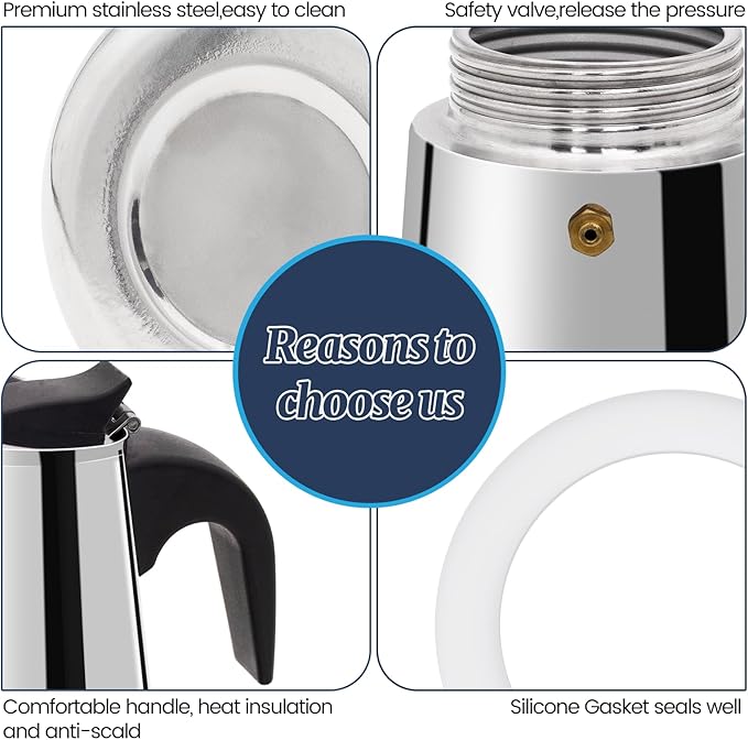 2 Cup Moka Pot Stainless Steel 100ml Italian Espresso Coffee Maker Stovetop Coffee Makers Mocha Pot Percolator Greca Coffee Maker for Induction Stove Portable for Easy Brewing Straight