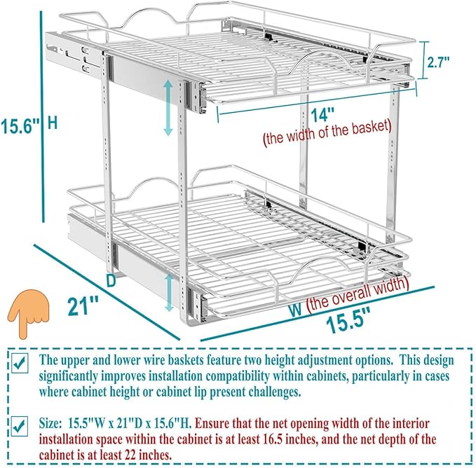 OCG 2 Tier Pull Out Cabinet Organizer (15.5" W x 21" D), Pull Out Drawers for Kitchen Cabinets, Pull Out Shelves for Base Cabinet Organization in Kitchen Bathroom Pantry, Chrome Finish