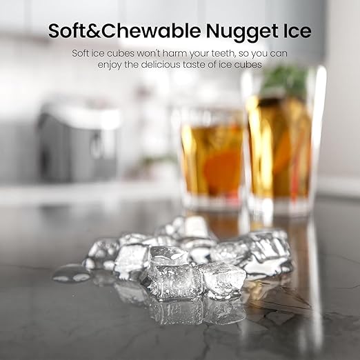 AGLUCKY Nugget Ice Makers Countertop,Portable Pebble Ice Maker Machine with Chewable Ice,One-Click Operation,Self-Cleaning for Home/Office(Grey)
