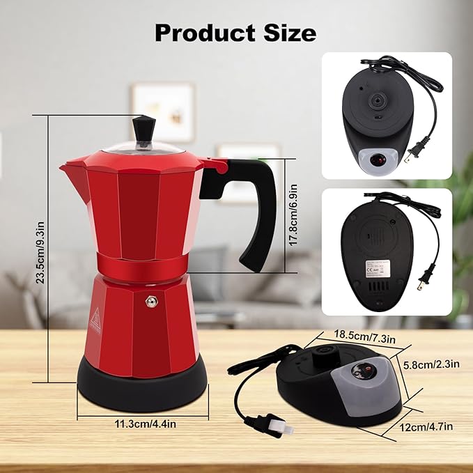 Electric Aluminum Moka Pot 5-6 Cup 270ml Espresso Maker with Detachable Base Ideal Coffee Makers for Home MochaPot Italian and Cuban Café Coffeemaker Espressomaker CoffeePot Red