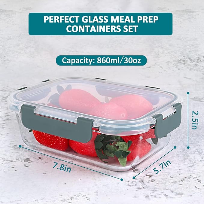 [5-Packs, 30 Oz] Glass Meal Prep Containers with Snap Locking Lids Glass Food Containers,Airtight Lunch Container,Microwave, Oven, Freezer and Dishwasher