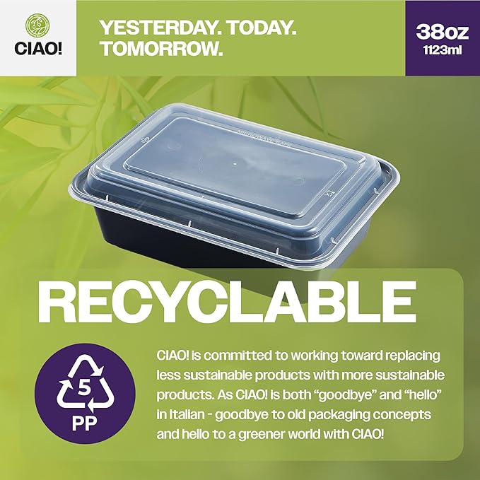 CIAO! Heavy Weight 38oz Injection Molded Microwavable Black Rectangular Food Container with Lid (150/case)