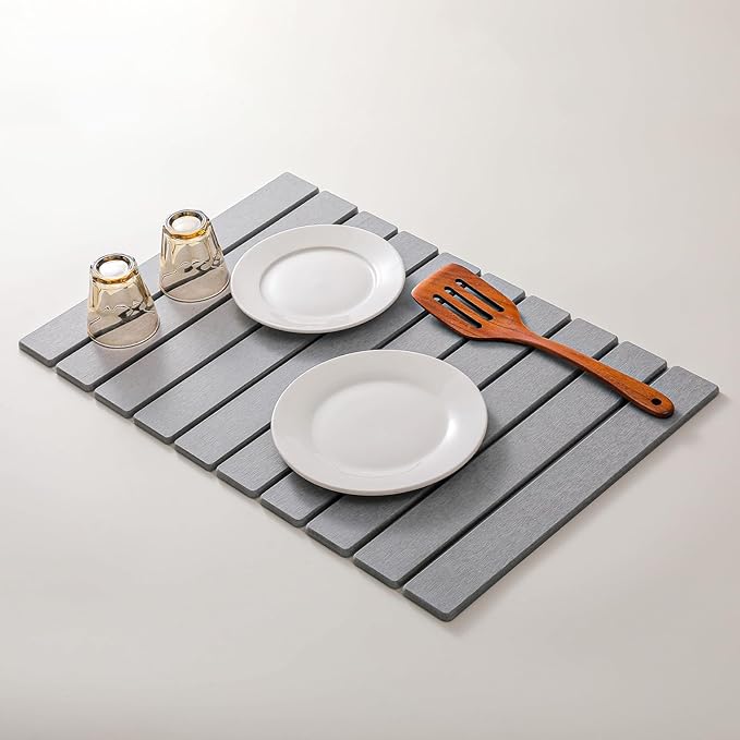 Large Stone Drying Mat for Kitchen Counter, 24''L x 16''W Diatomaceous Earth Collapsible Dish Drying Mat, Quick Drying Mat, Glasses and Flatware, Matches Any Countertop (Light Gray, 24'' x 16'')