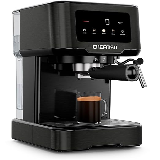 Chefman CraftBrew Espresso Machine, 15-Bar Pump Digital Espresso Maker w/Steam Wand for Latte & Cappuccino, Compact Espresso Coffee Machine w/ 1.5L Removable Water Reservoir - Stainless Black