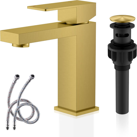 KENES Brushed Gold Bathroom Faucets, Modern Single Hole Lavatory Vanity Faucet, Single Handle Bathroom Sink Faucet Gold, with Pop Up Drain & Water Supply Hoses LJ-9031-4