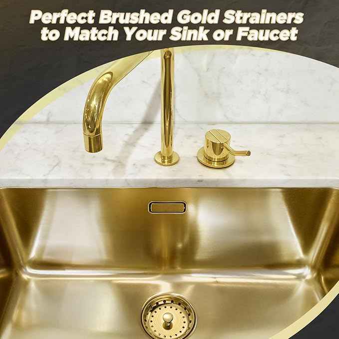 Mudder 3 Pcs Kitchen Sink Drain Strainer and Stopper Stainless Steel Garbage Disposal Plug with Handle Universal Anti-Clogging Kitchen Sink Filter Sieve Basket Strainer(Brushed Gold)