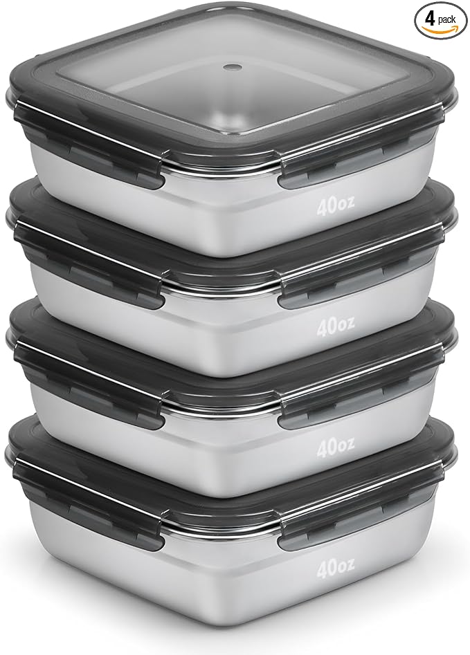 4 Pack Sandwich Containers, 40oz Stainless Steel Sandwich Box with Airtight Lids, Reusable Metal Meal Prep Lunch Boxes, BPA-Free, Dishwasher Safe, Large Capacity Food Storage Containers (Black)