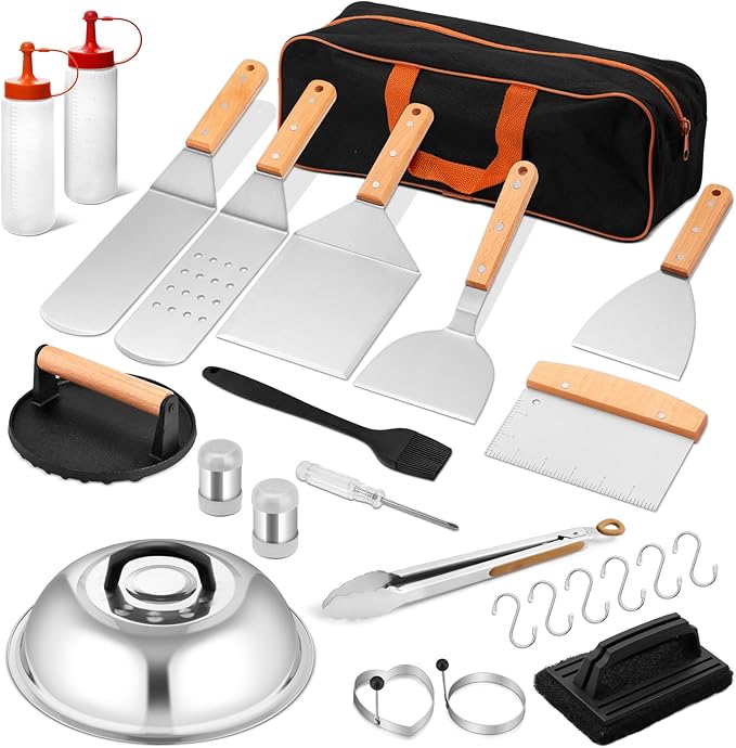 Griddle Accessories Set of 25, Leonyo Flat Top Grill Accessories, Professional BBQ Tool with Enlarged Spatulas Scraper, Basting Cover, Smash Burger Press, Carry Bag for Outdoor Barbecue, Wood Handle