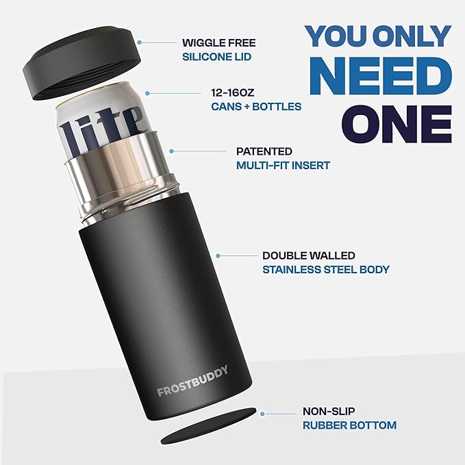 Frost Buddy Universal Can Cooler - Fits all - Stainless Steel Can Cooler for 12 oz & 16 oz Regular or Slim Cans & Bottles - Stainless Steel (Blue Ice Cream)