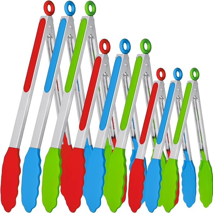 9 Pieces Silicone Tongs for Cooking 7,9,12 inches Kitchen Tongs with Silicone Tip Stainless Steel Heat Resistant Cooking Tongs for Food Grill Salad BBQ Frying and Serving, 3 Color