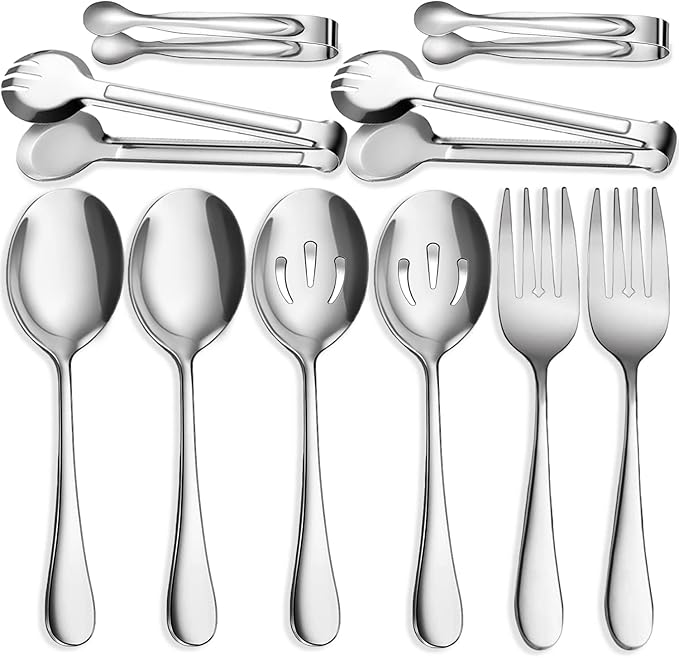 10 PCS Stainless Steel Serving Utensils, Large Serving Spoons Slotted Spoons, Serving Forks, Serving Tongs, Ice Suger Tongs, Metal Utensils Set Great for Buffet Catering Banquet Party (silver)