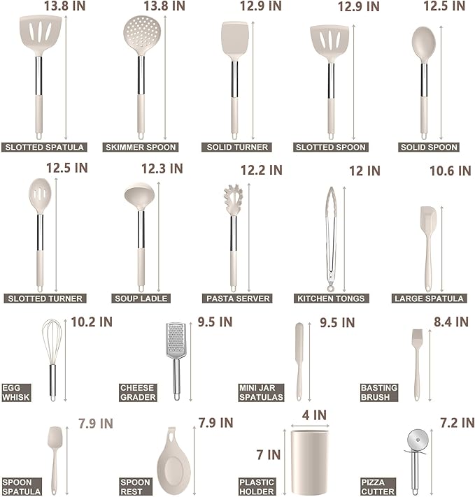 E-far Silicone Cooking Utensils Set, 30 Pcs Heat Resistant Kitchen Utensils with Stainless Steel Handle, Heat Resistant Kitchen Spatulas Turner Tong Spoon Whisk Ladle for Nonstick Cookware, Khaki