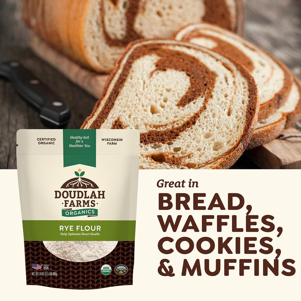 Organic Rye Flour 25 lb Bulk - Non-GMO, USDA Organic, Low Gluten, Vegan, For Baking, Cooking, Supports Heart Health & Digestion - USA Grown by Doudlah Farms