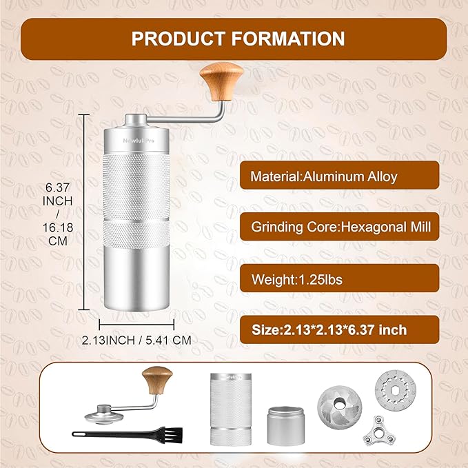 M6 Manual Coffee Grinder,Conical Hexagonal Burr & Double Bearings for Smooth Grinding,Designed for Espresso Pour Over French Press,25g Capacity,Compact & Portable,Gifts for Coffee Lovers