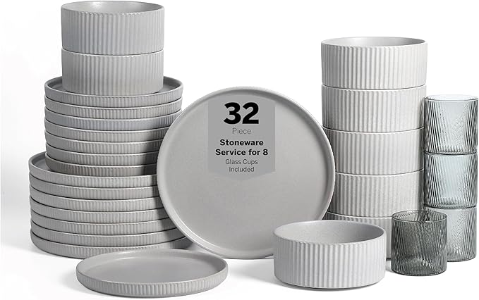 Stone Lain Haven Stoneware 32-Piece Dinnerware Set, Plates and Bowls Sets for 8, Grey Dish Set, Includes Dinner and Salad Plates, Cereal Bowls, Glassware, Microwave & Dishwasher Safe