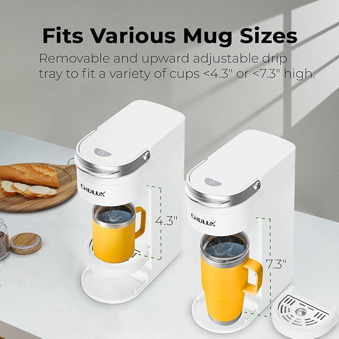 CHULUX Slim Single Serve Coffee Maker for K Pod, One Cup Coffee Maker Fits 7.3" Travel Mugs, Coffee Machine with 6 to 12oz Brew Sizes, Pearl White