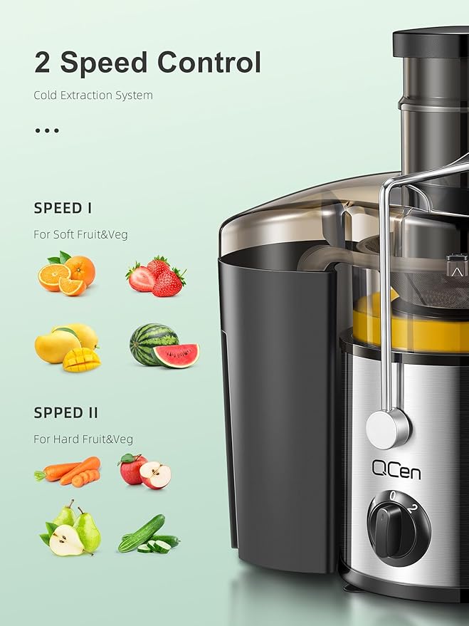 QCen Juicer Machine, 500W Centrifugal Juicer Extractor with 3” Wide Mouth Feed Chute for Fruits & Vegetables, Easy to Clean, Stainless Steel, BPA-Free