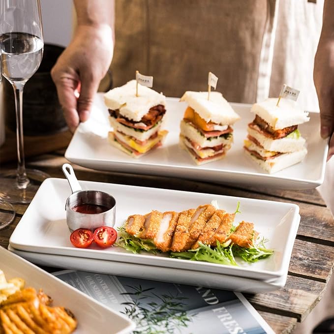 YHOSSEUN Porcelain Serving Platters Rectangular Trays White Serving Platters for Party, Stackable Serving Plates Set of 4,12 inch