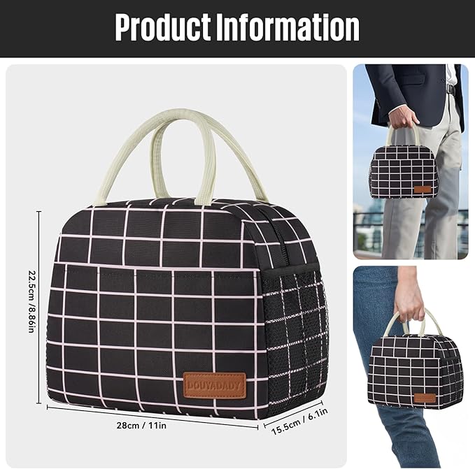 douyadady Lunch Bag Women/Men Lunch Box Women/Men (Black+Pink Blocks)