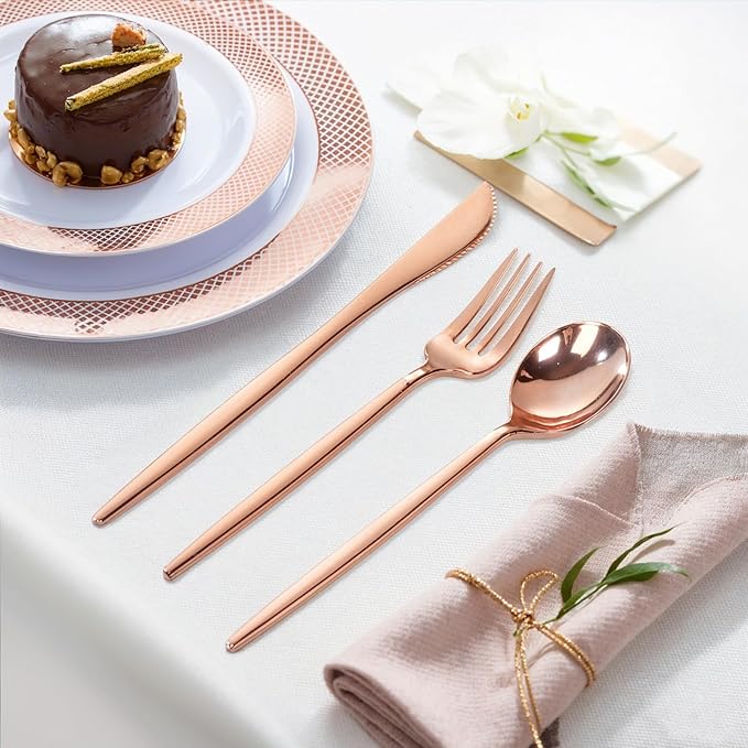 PULOTE 300PCS Rose Gold Plastic Silverware Set - Heavy Duty Rose Gold Utensils Set - Plastic Cutlery Disposable - Include 100 Knives,100 Forks and 100 Spoons for Party & Wedding