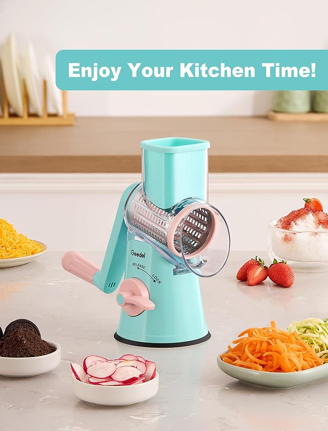 Geedel Rotary Cheese Grater Cheese Shredder - Upgraded 5-in-1 Cheese Grater with Handle and Strong Suction Base, Multi-purpose Vegetable Slicer Ice Shaver Nuts Grinder for Ice, Vegetables, Fruit, Nuts