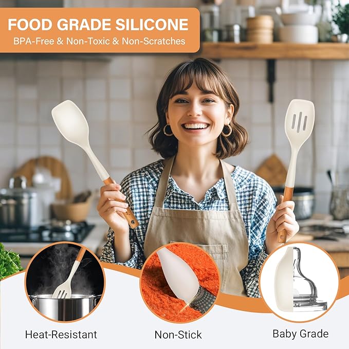 Large Silicone Cooking Spoon Set, 2 Pack Solid Slotted Spoon with Wooden Handle, Nonstick Silicone Kitchen Spoons for Cooking, Heat Resistan Spatula Set for Serving, Basting, Mixing (White)