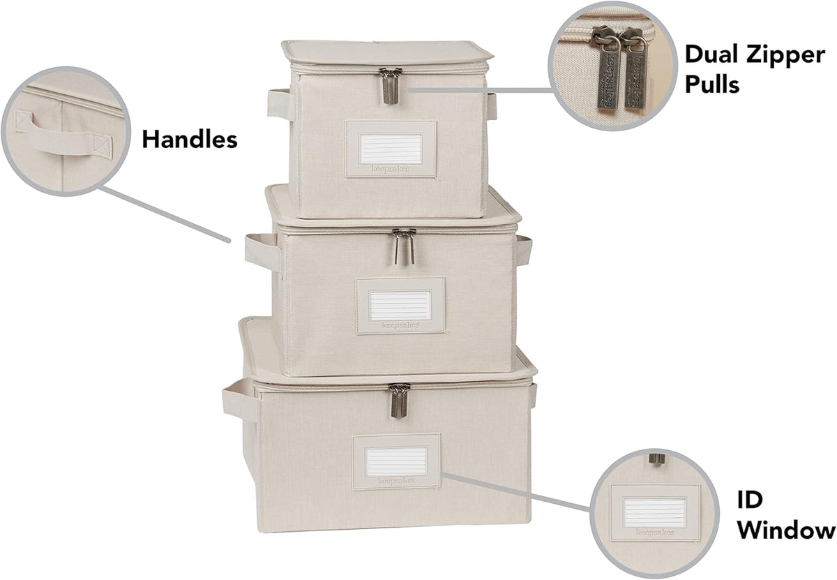 Covermates Keepsakes Dish Storage Box - Stackable, Reinforced Handles, China Storage, Beige Heather