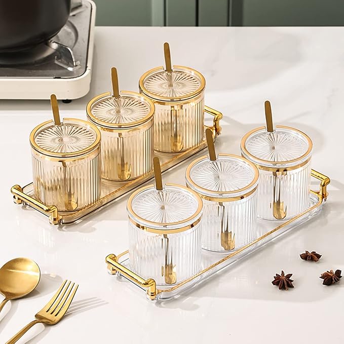 Acrylic Condiment Spice Jars,Condiment Spice Box With Lids and Spoons and Tray,Clear Plastic Condiment Canisters,Seasoning Box 4 Pack,Seasoning Box Set for Kitchen to Storage Salt,Paprika,Sugar