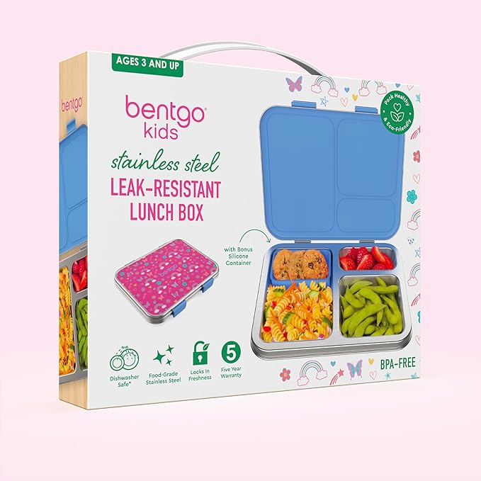 Bentgo Kids Stainless Steel Prints Leak-Resistant Lunch Box - 3-Compartments with Silicone Container, Durable, Eco-Friendly, Dishwasher Safe, BPA-Free, for School, Ages 3+ (Rainbows & Butterflies)