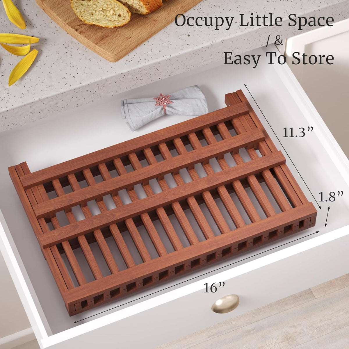 Teak Dish Drying Rack,Folding Collapsible Drainer Plate Organizer Holder for Kitchen,Foldable Spice Rack for Countertop and Cabinet,Pantry Organization and Storage