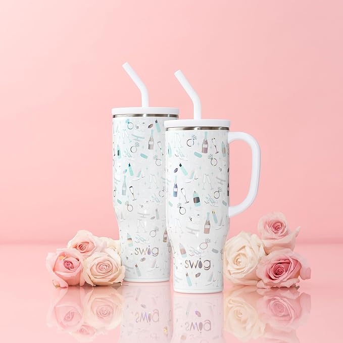 Swig Life 30oz Mega Mug, 30 oz Tumbler with Handle and Straw, Cup Holder Friendly, Dishwasher Safe, Extra Large Insulated Tumbler, Stainless Steel Water Bottle (Bride to Be)