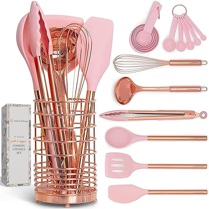 Copper and Pink Kitchen Utensils Set - 17-Piece Silicone Cooking Tools with Copper Utensil Holder and Pink Measuring Cups and Spoons for Baking and Everyday Cooking - Stylish Kitchen Accessories