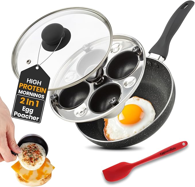 Eggssentials 2 IN 1 Egg Pan & Egg Poacher Pan, Granite Nonstick Fry Pan Poached Egg Maker and Frying Skillet with Lid, Poached Eggs Cooker Food Grade Safe PFOA Free with Spatula, Egg Cookware - 4 Cups