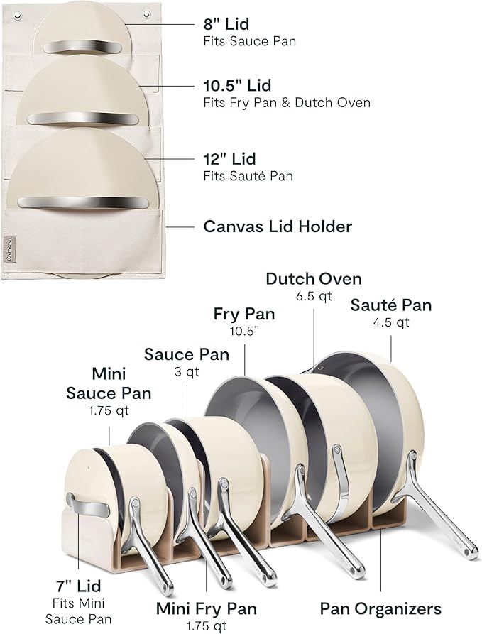 Caraway Deluxe Non-stick Ceramic Cookware Set (16 Piece) Pots, Frying Pans, Lids and Kitchen Storage - PFAS & PFOA Free - Oven Safe Pan Set & Compatible with All Stovetops - Cream
