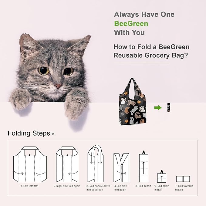 BeeGreen 6 Pack Cats Reusable Grocery Bags Gifts for Cat Lovers with Elastic Band Reusable Shopping Bags Bulk 50LBS X-Large Foldable-Machine Washable-Heavy Duty