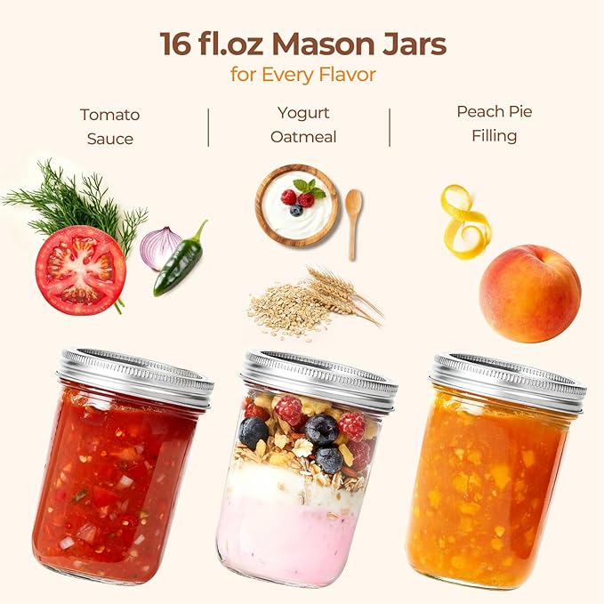 ComSaf Wide Mouth Mason Jars 16 oz with lids - 4 Pack, Pint Mason Jars with Seal Bands, Glass Canning Jars for Honey, Jam, Jelly, Coffee, Salad, Desert, Shower Wedding Favors, DIY Candles Decor