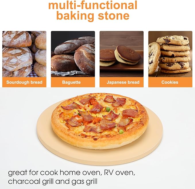Small 10 inch Round Pizza Stone,for RV Camper Oven,Round baking stone Grill,Can make pizza, bread, pies,BBQ, Durable and Safe, Give away Plastic Scraper
