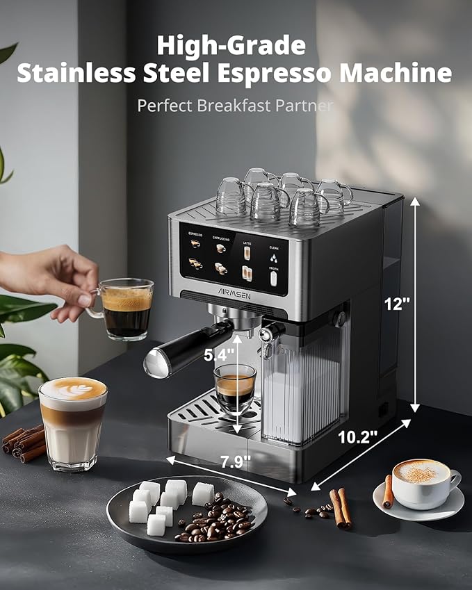 AIRMSEN 20 Bar Espresso Machine with Automatic Milk Frother, Cappuccino & Latte Coffee Maker with Quick Brew Dual Boiler (1350W + 1000W), Stainless Steel, 60oz Water Tank, Touchscreen