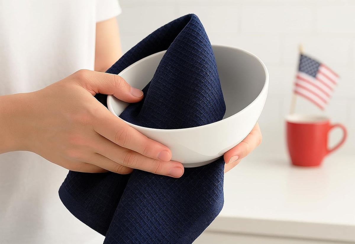 PurpleEssences 4th of July Waffle Weave Kitchen Towel, 100% Cotton - 15 x 25 Inches, with Hanging Loop Ultra Soft Absorbent Quick Drying Dish Cloth, Tea & Hand Towels, 6 Pack Labor Day Red Blue White