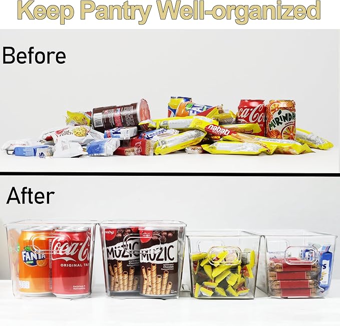 6pcs Plastic Storage Bin 2-Size Clear Storage Containers for Kitchen Pantry Organization and Storage Bins, Organizing Bins with Built in Handles, Cabinet Organizers, Clear